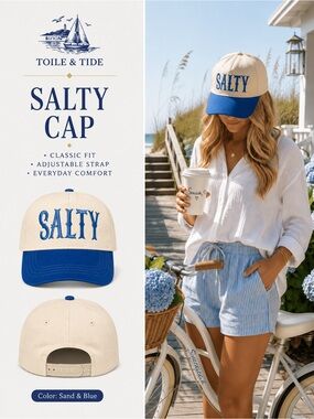 SALTY Coastal Trucker Hat Blue & Ivory Embroidered Baseball Cap | Beach Vacation